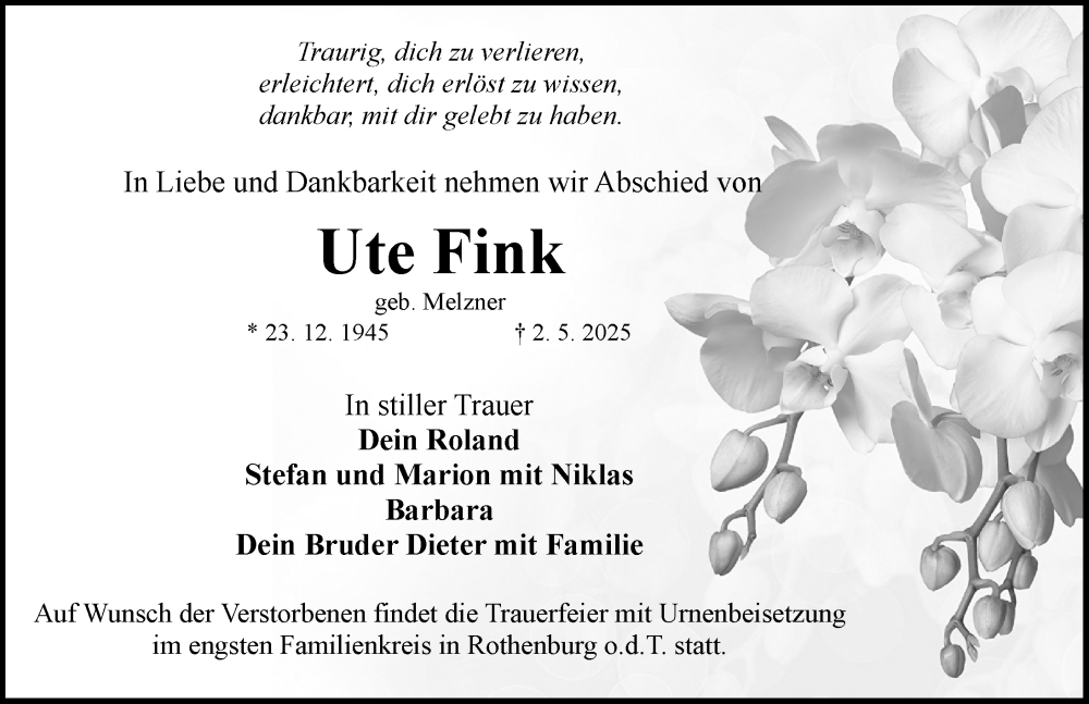  Traueranzeige für Ute Fink vom 07.05.2025 aus Rothenburg