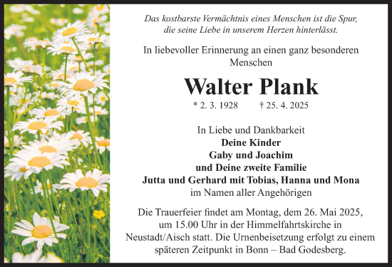 Traueranzeige von Walter Plank von Neustadt/ Scheinfeld/ Uffenheim