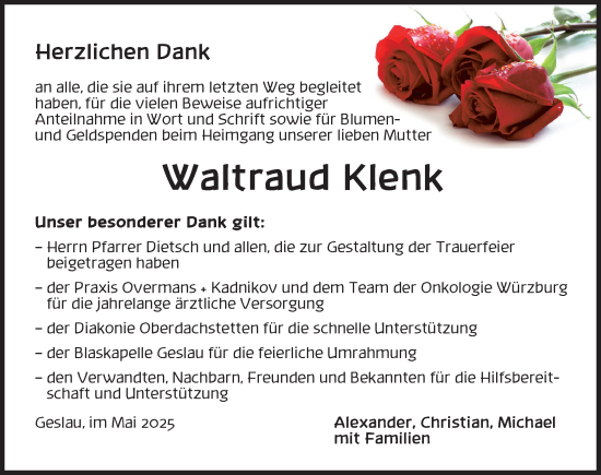 Traueranzeige von Waltraud Klenk von Rothenburg