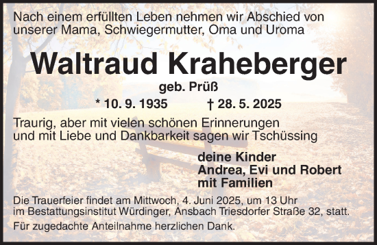 Traueranzeige von Waltraud Kraheberger von Ansbach
