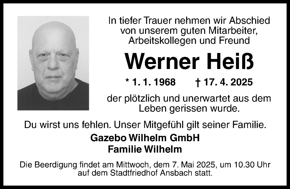  Traueranzeige für Werner Heiß vom 06.05.2025 aus Ansbach