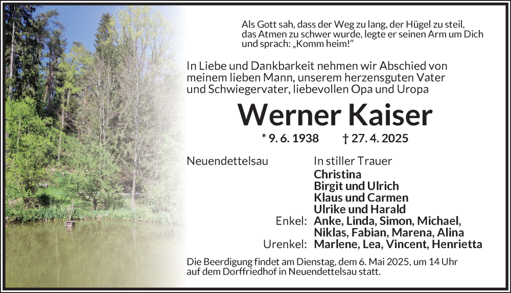  Traueranzeige für Werner Kaiser vom 03.05.2025 aus Ansbach