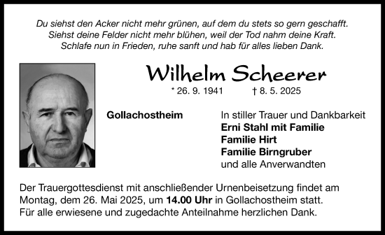 Traueranzeige von Wilhelm Scheerer von Neustadt/ Scheinfeld/ Uffenheim