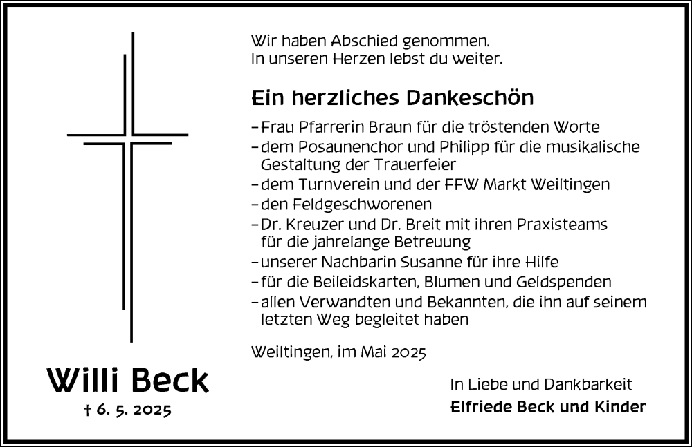  Traueranzeige für Willi Beck vom 31.05.2025 aus Dinkelsbühl/ Feuchtwangen