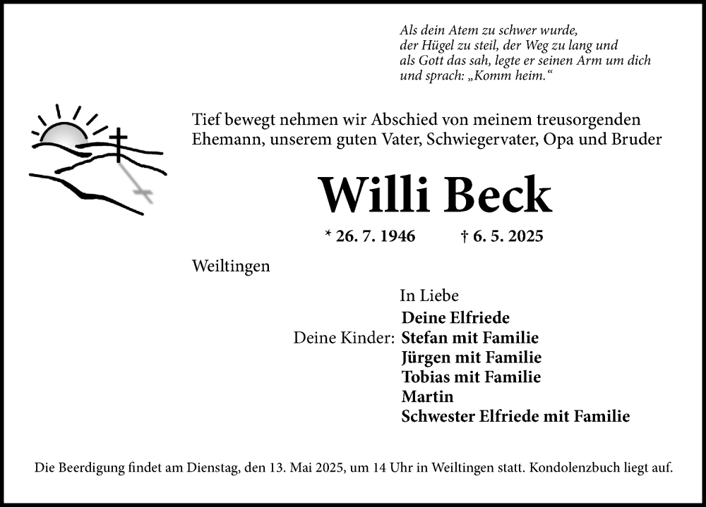  Traueranzeige für Willi Beck vom 10.05.2025 aus Dinkelsbühl/ Feuchtwangen