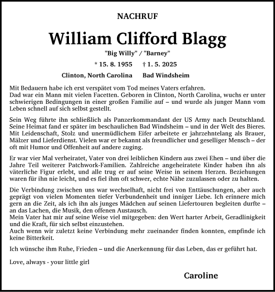 Traueranzeige von WilliamClifford Blagg von Neustadt/ Scheinfeld/ Uffenheim