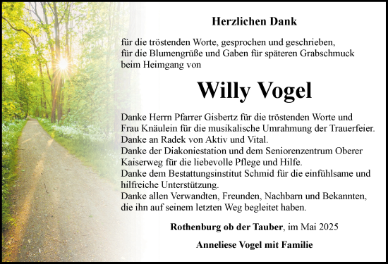 Traueranzeige von Willy Vogel von Rothenburg