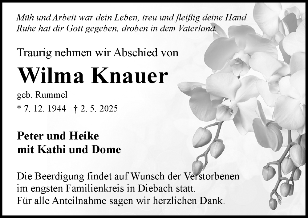  Traueranzeige für Wilma Knauer vom 06.05.2025 aus Rothenburg