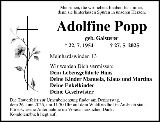 Traueranzeige von Adolfine Popp von Ansbach