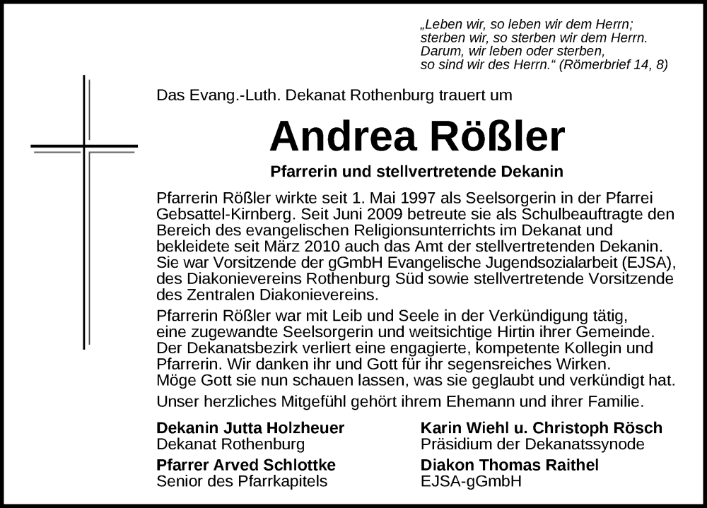  Traueranzeige für Andrea Rößler vom 21.06.2025 aus Rothenburg