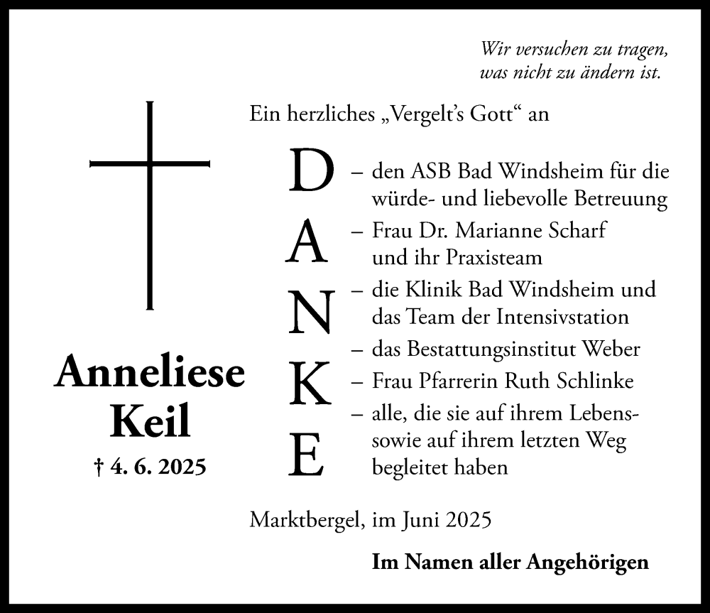  Traueranzeige für Anneliese Keil vom 21.06.2025 aus Neustadt/ Scheinfeld/ Uffenheim