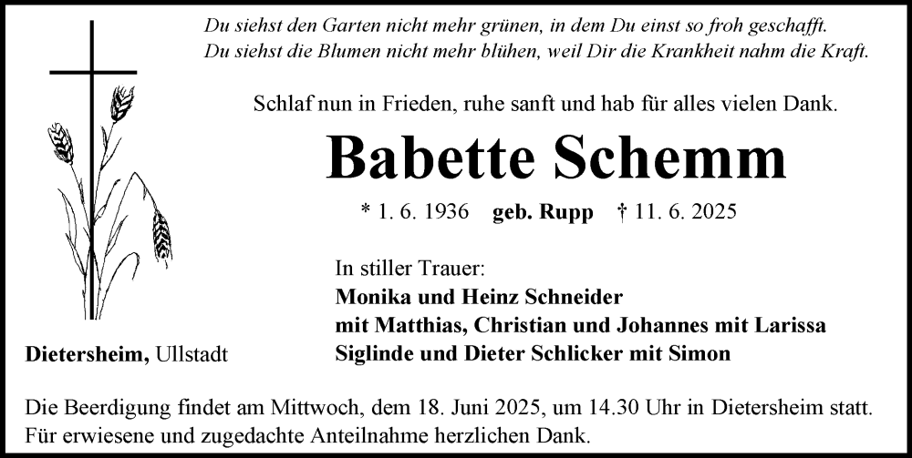  Traueranzeige für Babette Schemm vom 14.06.2025 aus Neustadt/ Scheinfeld/ Uffenheim