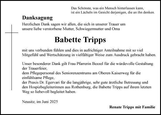 Traueranzeige von Babette Tripps von Rothenburg
