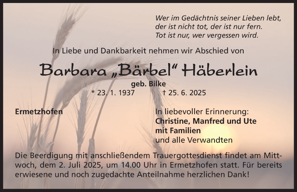  Traueranzeige für Barbara Häberlein vom 28.06.2025 aus Neustadt/ Scheinfeld/ Uffenheim