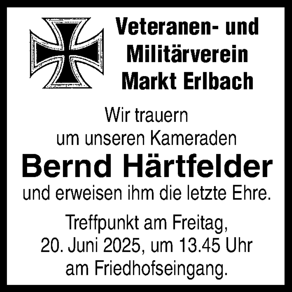  Traueranzeige für Bernd Härtfelder vom 18.06.2025 aus Neustadt/ Scheinfeld/ Uffenheim