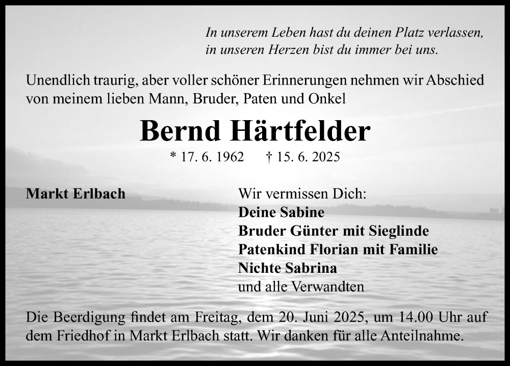  Traueranzeige für Bernd Härtfelder vom 18.06.2025 aus Neustadt/ Scheinfeld/ Uffenheim