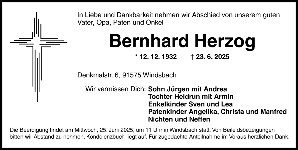  Traueranzeige für Bernhard Herzog vom 24.06.2025 aus Ansbach