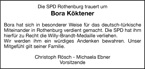 Traueranzeige von Bora Köktener von Rothenburg