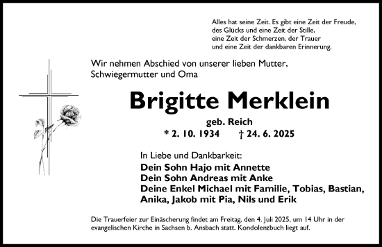 Traueranzeige von Brigitte Merklein von Ansbach