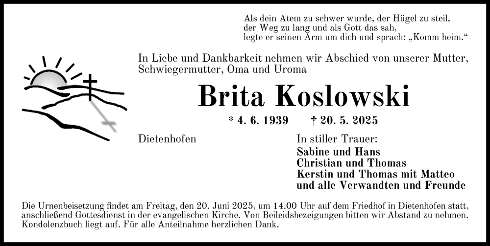  Traueranzeige für Brita Koslowski vom 14.06.2025 aus Ansbach