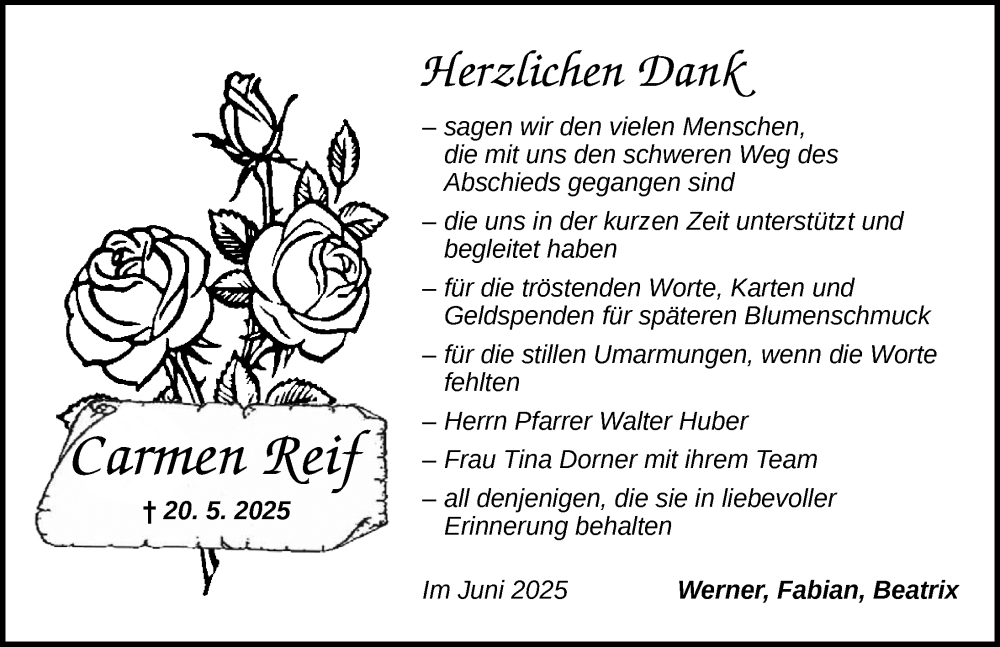  Traueranzeige für Carmen Reif vom 21.06.2025 aus Dinkelsbühl/ Feuchtwangen