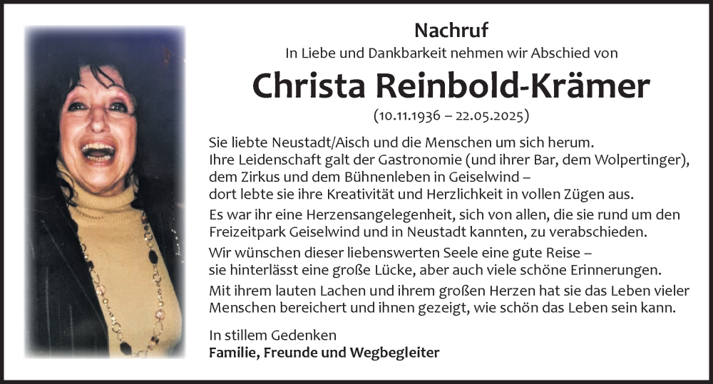  Traueranzeige für Christa Reinbold-Krämer vom 07.06.2025 aus Neustadt/ Scheinfeld/ Uffenheim