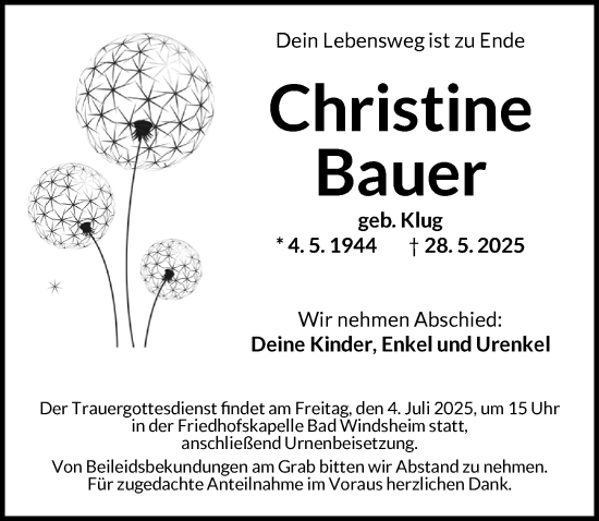 Traueranzeige von Christine Bauer von Neustadt/ Scheinfeld/ Uffenheim