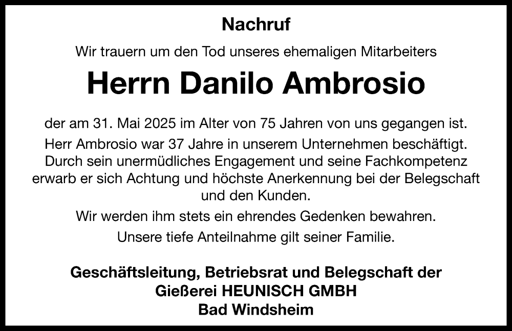  Traueranzeige für Danilo Ambrosio vom 12.06.2025 aus Neustadt/ Scheinfeld/ Uffenheim