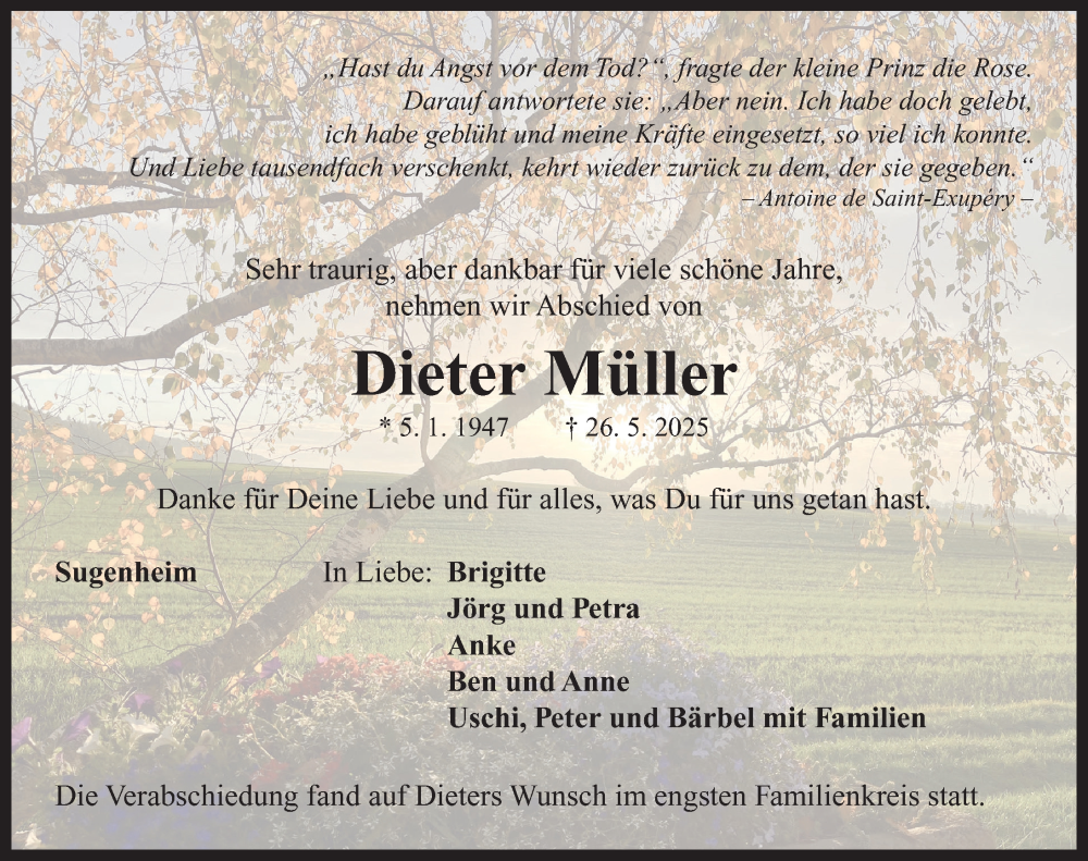  Traueranzeige für Dieter Müller vom 04.06.2025 aus Neustadt/ Scheinfeld/ Uffenheim