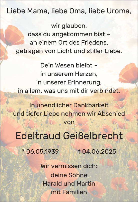 Traueranzeige von Edeltraud Geißelbrecht von Ansbach