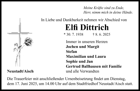 Traueranzeige von Elfi Dittrich von Neustadt/ Scheinfeld/ Uffenheim