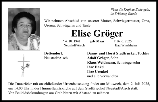 Traueranzeige von Elise Gröger von Neustadt/ Scheinfeld/ Uffenheim