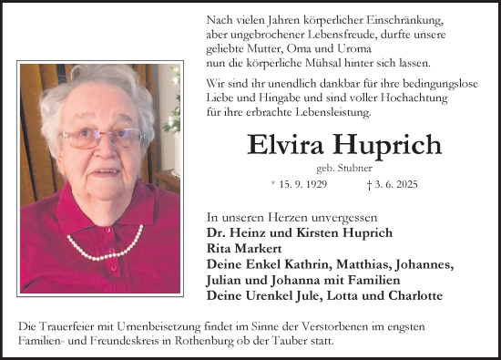Traueranzeige von Elvira Huprich von Rothenburg