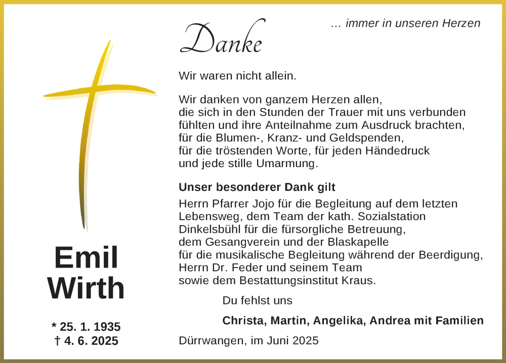  Traueranzeige für Emil Wirth vom 28.06.2025 aus Dinkelsbühl/ Feuchtwangen