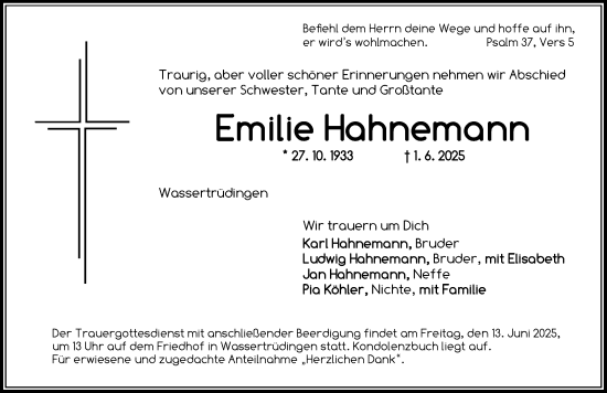 Traueranzeige von Emilie Hahnemann von Dinkelsbühl/ Feuchtwangen