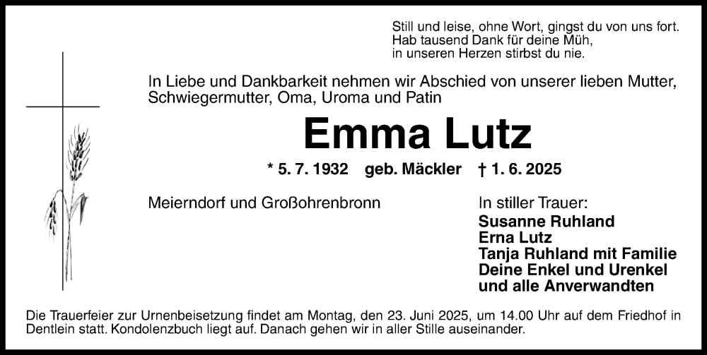  Traueranzeige für Emma Lutz vom 21.06.2025 aus Dinkelsbühl/ Feuchtwangen