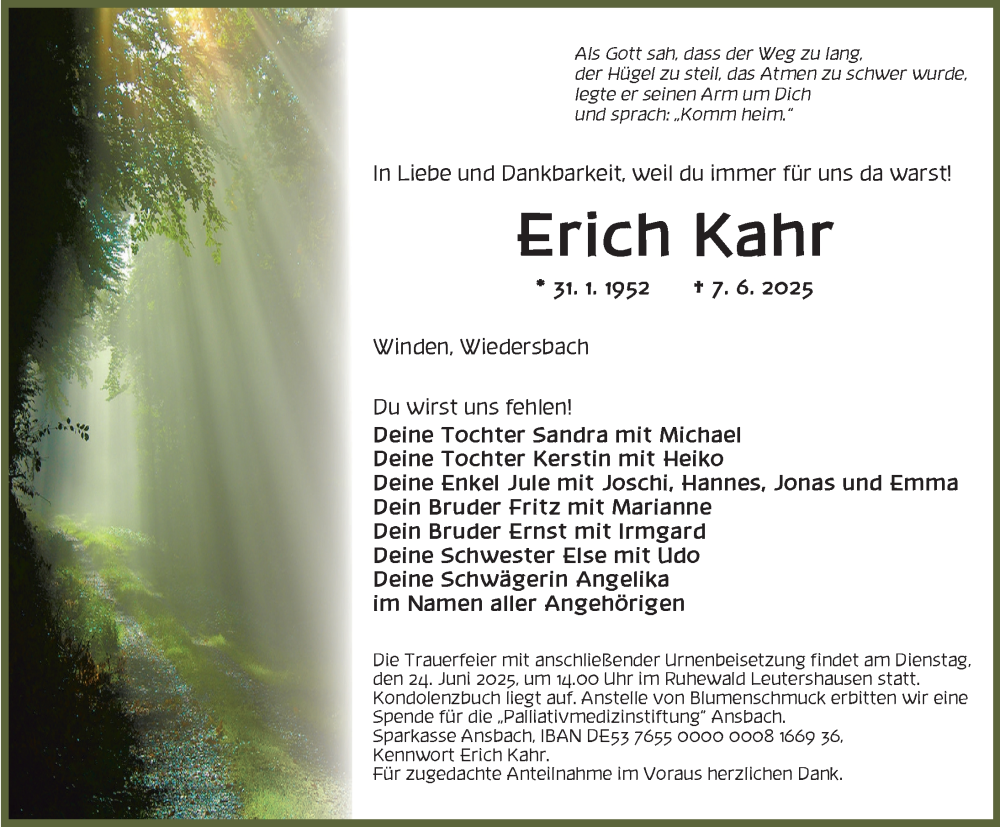  Traueranzeige für Erich Kahr vom 20.06.2025 aus Ansbach