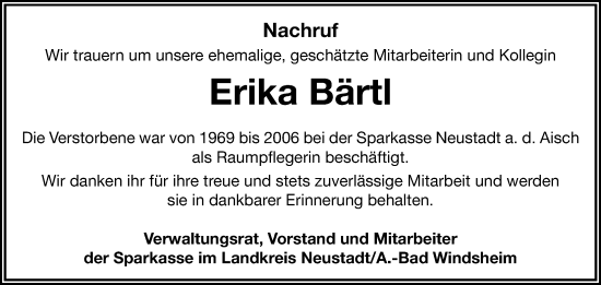 Traueranzeige von Erika Bärtl von Neustadt/ Scheinfeld/ Uffenheim