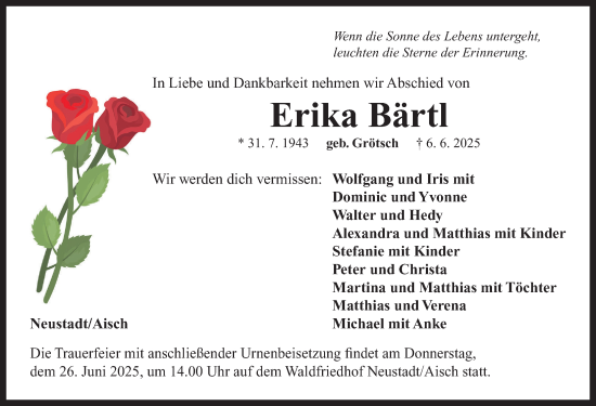 Traueranzeige von Erika Bärtl von Neustadt/ Scheinfeld/ Uffenheim