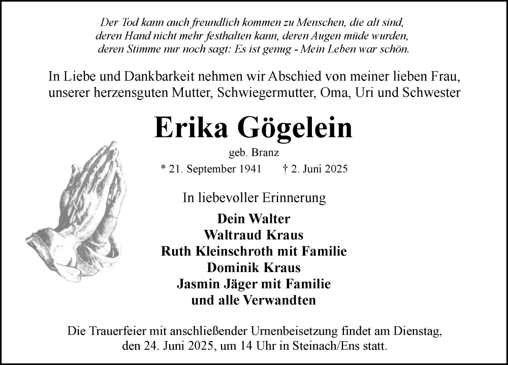  Traueranzeige für Erika Gögelein vom 21.06.2025 aus Neustadt/ Scheinfeld/ Uffenheim