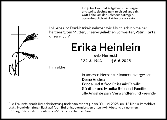 Traueranzeige von Erika Heinlein von Ansbach