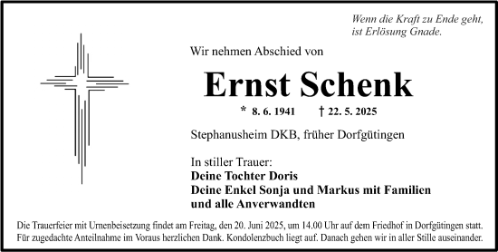Traueranzeige von Ernst Schenk von Dinkelsbühl/ Feuchtwangen