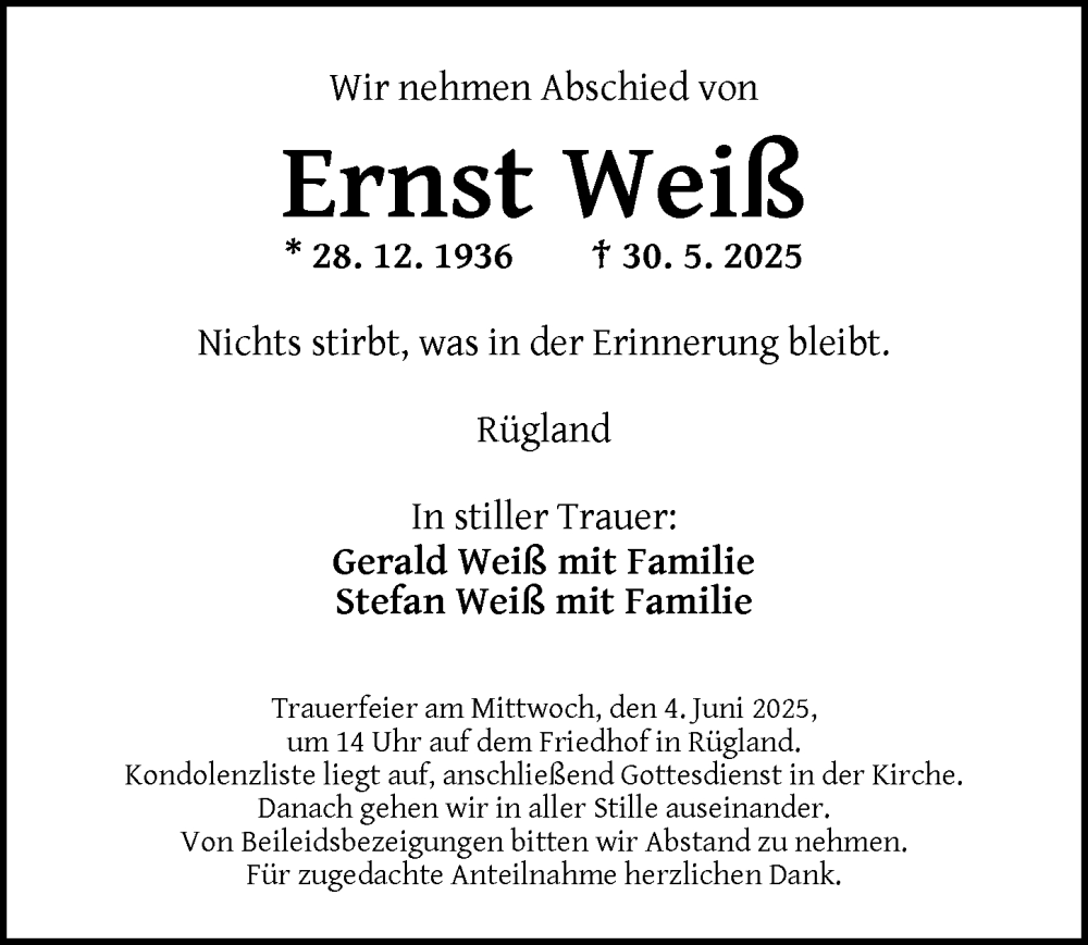  Traueranzeige für Ernst Weiß vom 02.06.2025 aus Ansbach