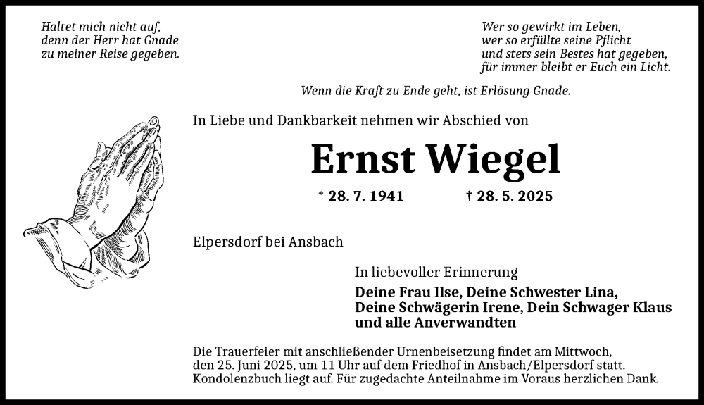  Traueranzeige für Ernst Wiegel vom 23.06.2025 aus Ansbach