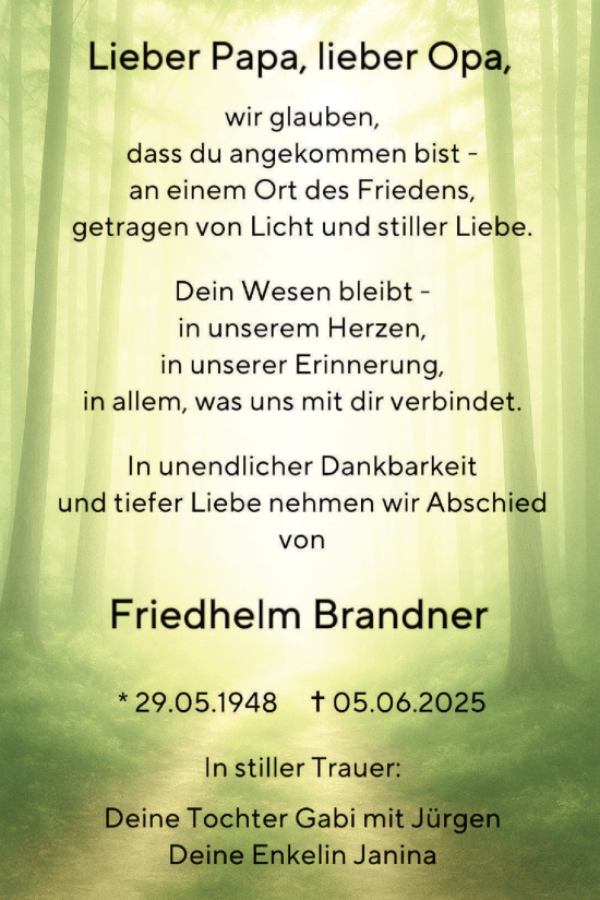 Traueranzeige von Friedhelm Brandner von Dinkelsbühl/ Feuchtwangen