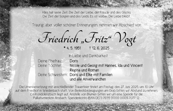Traueranzeige von Friedrich Vogt von Ansbach