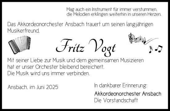 Traueranzeige von Friedrich Vogt von Ansbach