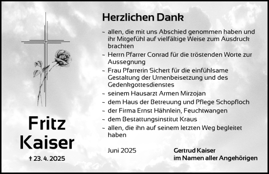 Traueranzeige von Fritz Kaiser von Dinkelsbühl/ Feuchtwangen