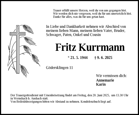 Traueranzeige von Fritz Kurrmann von Ansbach
