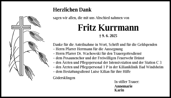 Traueranzeige von Fritz Kurrmann von Ansbach